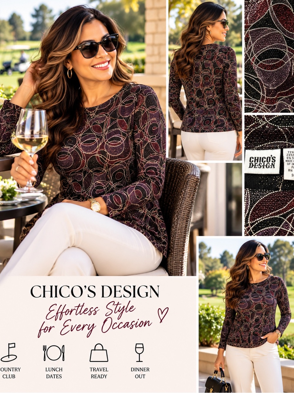 Chico’s Design Size 2 Shimmer Abstract Metallic Long Sleeve Top Elegant